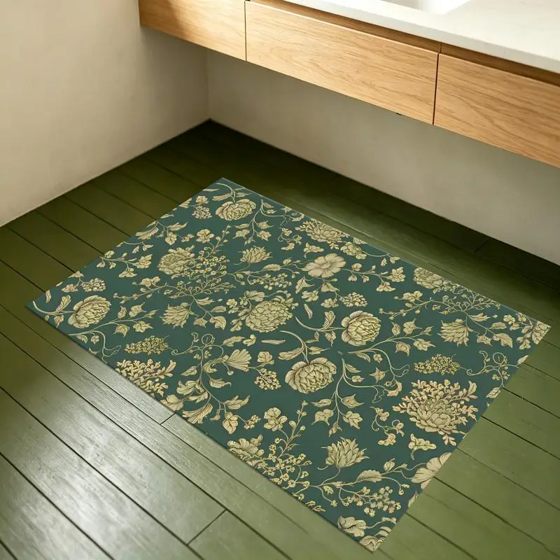 Dark Green Gilded Floral Rug Vintage Soft Velvet Living Room Bedroom Home Decor