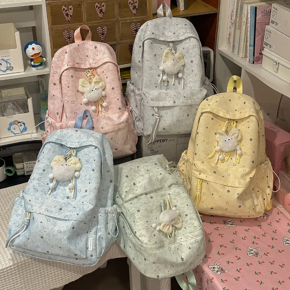 Lightweight nylon fabric student schoolbag, five-pointed star cute pendant, waterproof large-capacity travel backpack