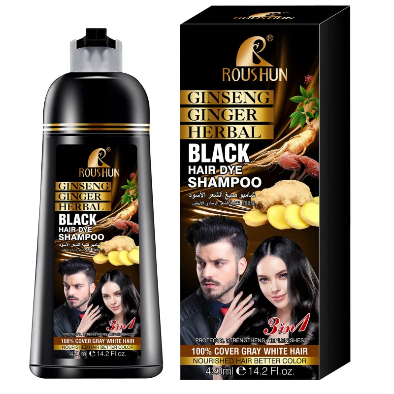

420ml ROUSHUN Black Hair Shampoo Hair Dye Ginseng Ginger Black Hair Colorant Nourishing Hair Care Cleanser 3-in-1