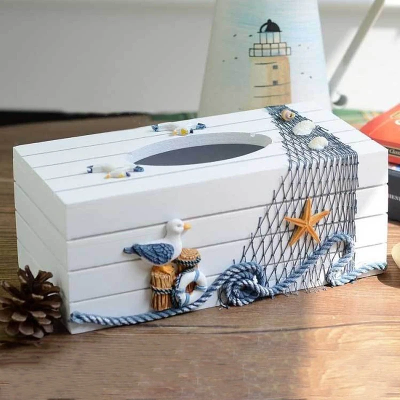 Mediterranean Style Marine Series Tissue Box Cover Paper Towel Box Home Decoration Toilet Paper Holder Wooden Tissue Box