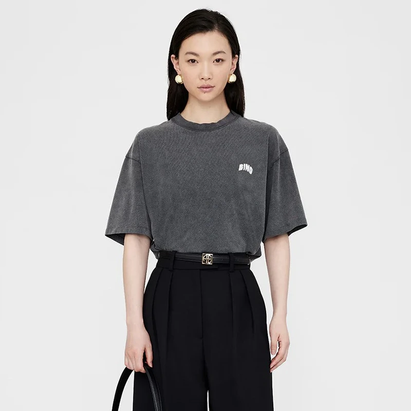 

Summer New North American Niche AB Deformed Letter Printing Washing Water Fried Color Old Black Gray Short-sleeved T-shirt Women