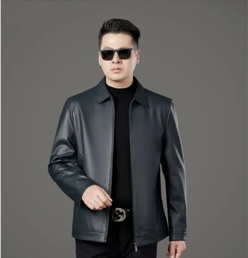 

New Spring and Autumn Men's Genuine Leather Polo Mock Neck Jacket Fashion Slim Sheepskin Coat Black Light blue Jacket Men