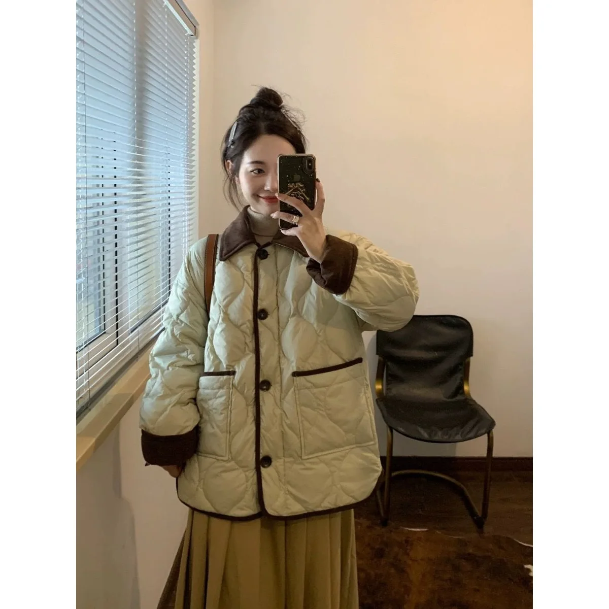 

Women's Cotton Jacket Slim Fit Collar Color Block Design Nylon Hot Sale Of The Season Winter Short Lightweight Korean Style