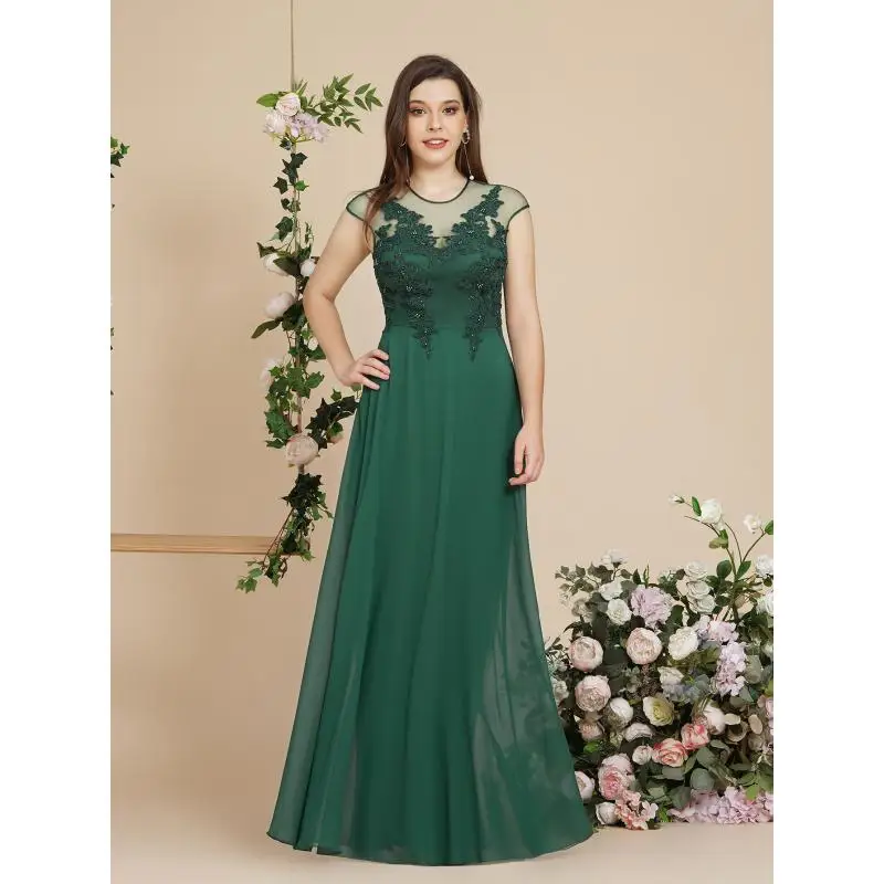 

BABYONLINE Bridesmaid Dresses Illusion Neckline Floral Lace Appqulies A-line Long Maxi Skirt Chiffon Wedding Party Guest Gowns