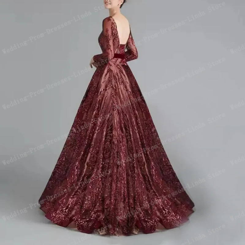 Burgundy Sequins Sparkle A-Line Floor-Length Long Woman Evening Dresses Party Prom Gowns/Bridal Engagement Gowns Lace-Up Custom