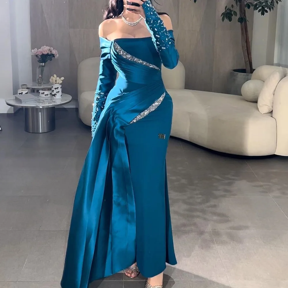 

Customized Exquisite Straight Ankle Length Boat Neck Jersey Long Sleeves Crystal Evening Dress Classic vestidos para mujer