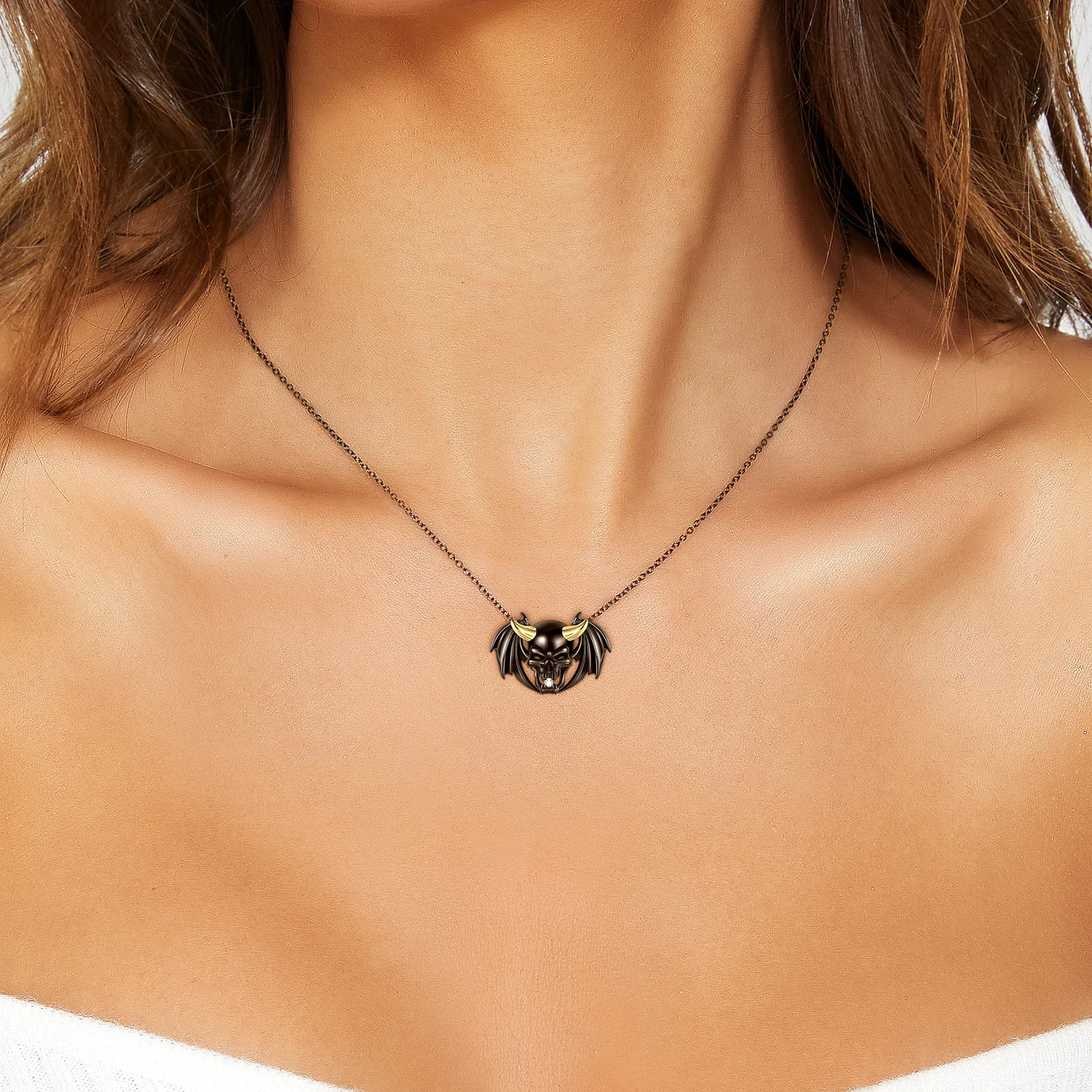 S925 Sterling Silver Black Plated Demon Skull Pendant Necklace Golden Horn Bat Wing Cubic Zirconia Dark Gothic Punk Lucky Jewelr