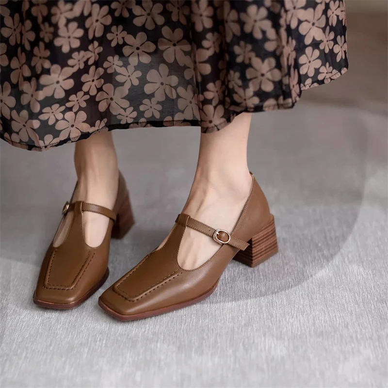 New Vintage Genuine Leather High Heels Women Casual Mary Jane Pumps Dress Fashion Loafers Ladies Luxury Shoes Moccasins