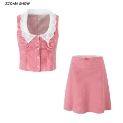 2025 Sexy Red Plaid Spliced Lace U collar Open Buttons Sleeveless Tank Top + Elastic Waist Knee Length A-line Skirt 2 Pieces Set