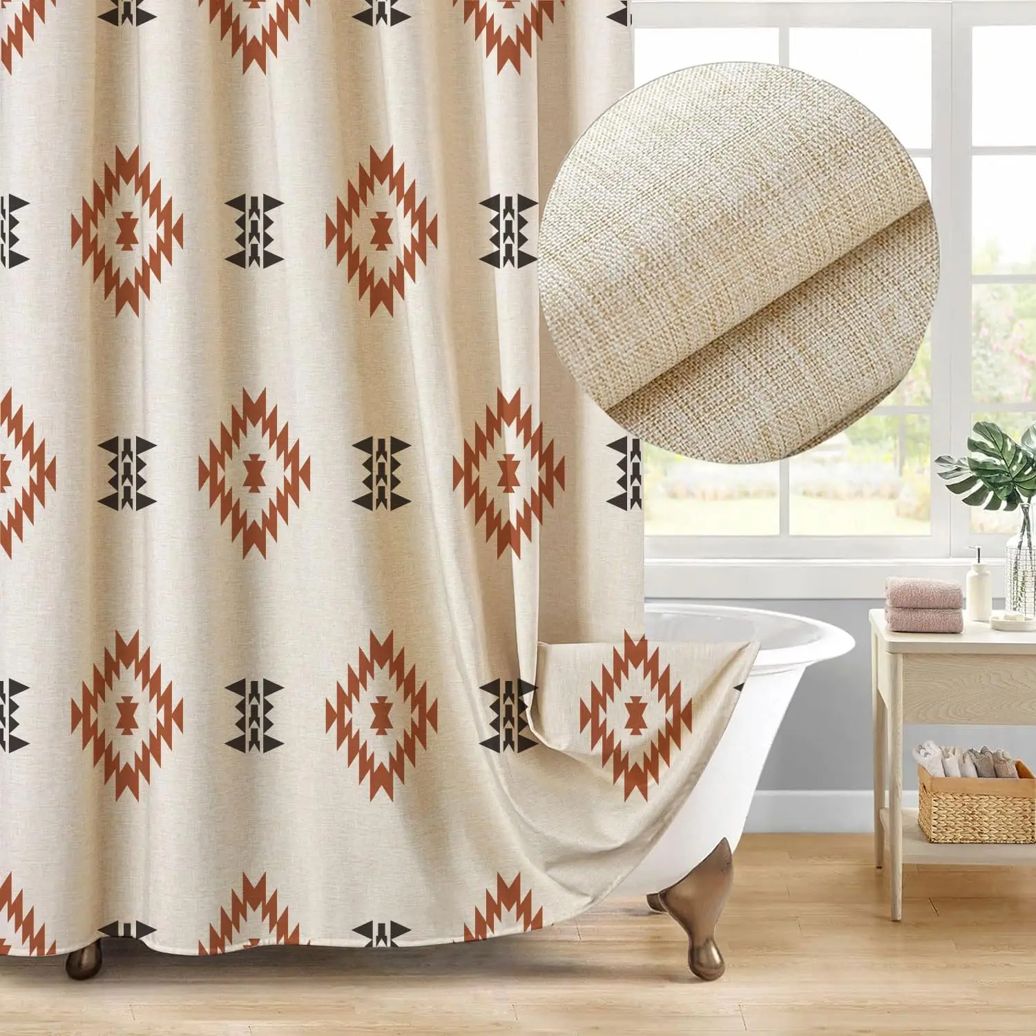 

Southwest Linen Shower Curtain with Aztec Geometric Stripes, Boho Western Style for Bathroom, 71x78 Inches