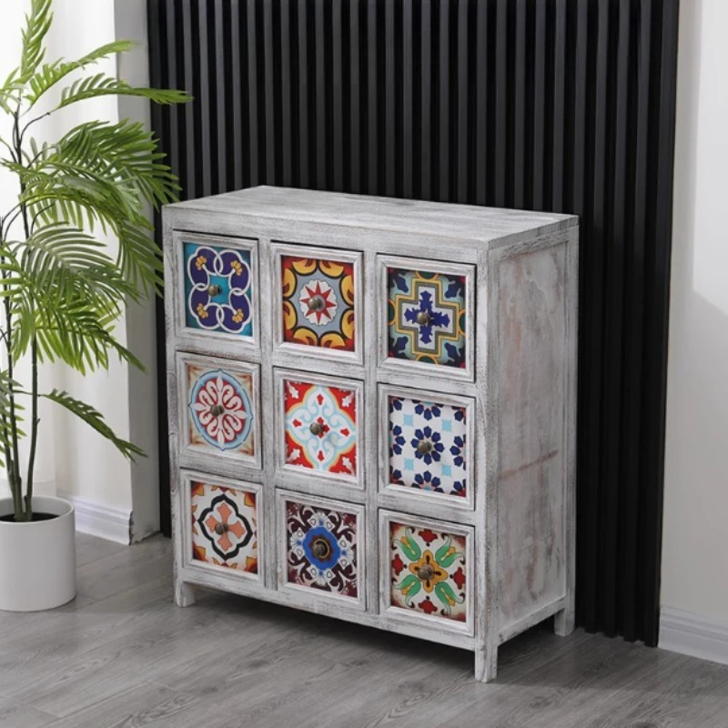 

‌American Retro Storage Dresser - Multi-Drawer Accent Cabinet for Living Room/Balcony Hand-Painted Solid Wood Display Organizer
