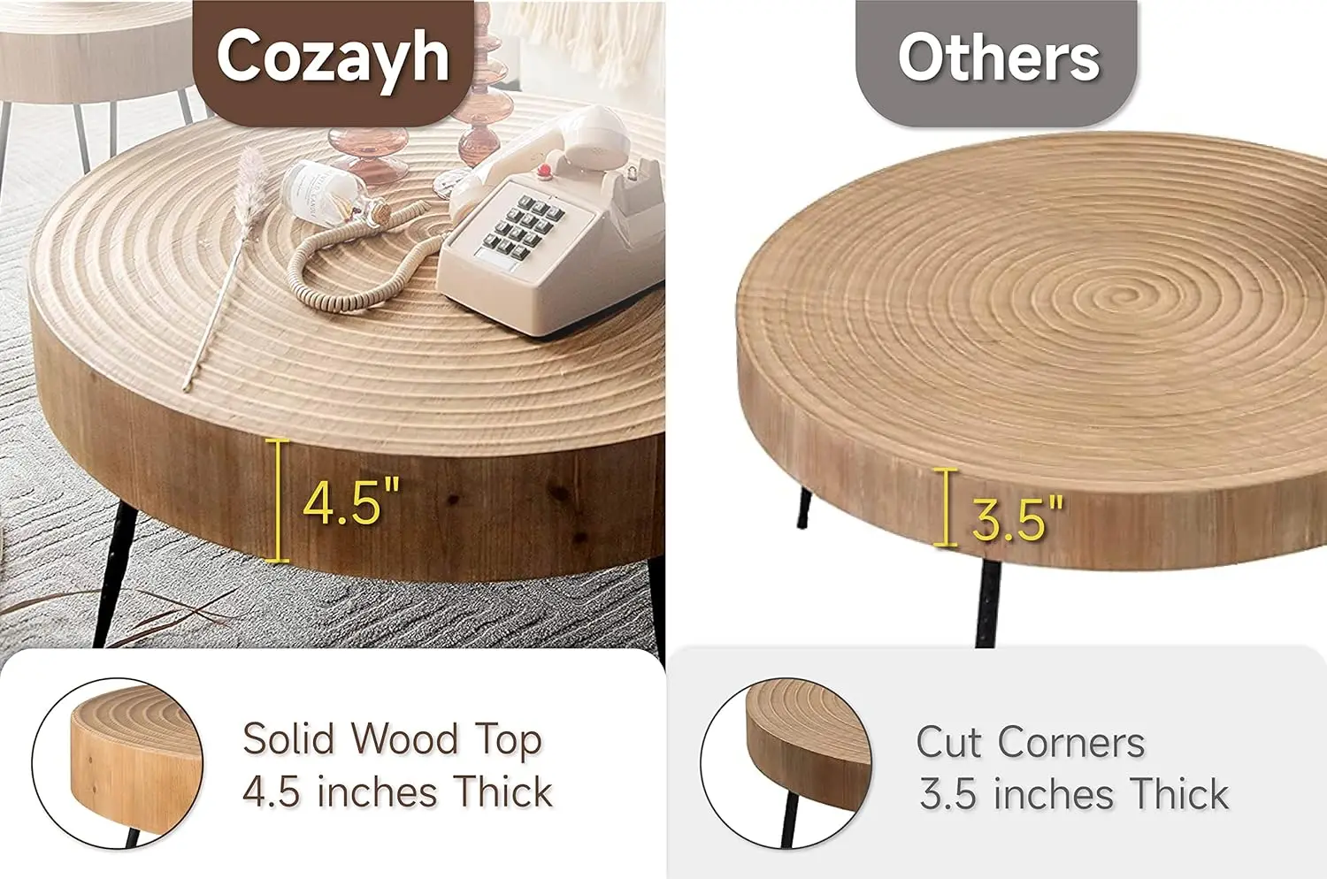 2-Piece Modern Farmhouse Living Room Coffee Table Set, Nesting Table Round Natural Finish with Handcrafted Wood Ring Motif, Wood