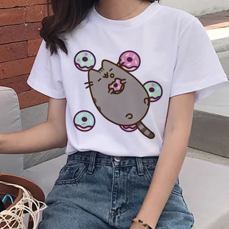 Camisetas Kawaii de gato Pusheen para mujer, remera Harajuku Ullzang, playera con estampado de dibujos animados de los