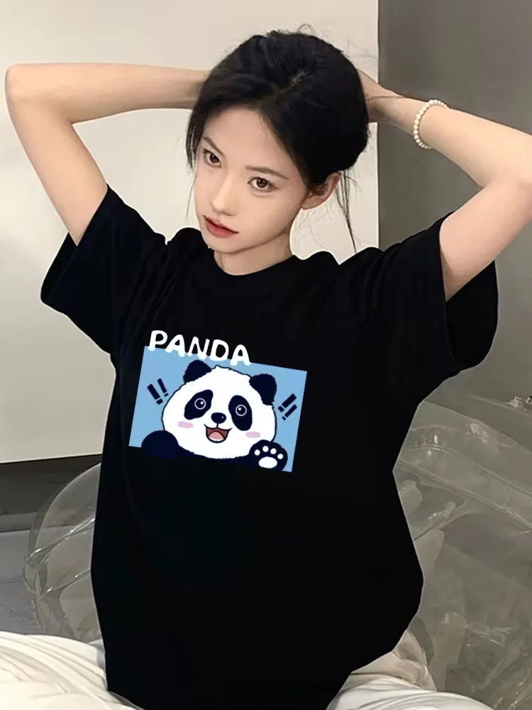 Nuove donne magliette nere simpatico cartone animato Panda stampa grafica top Harajuku Casual girocollo Versatile maniche corte Unisex
