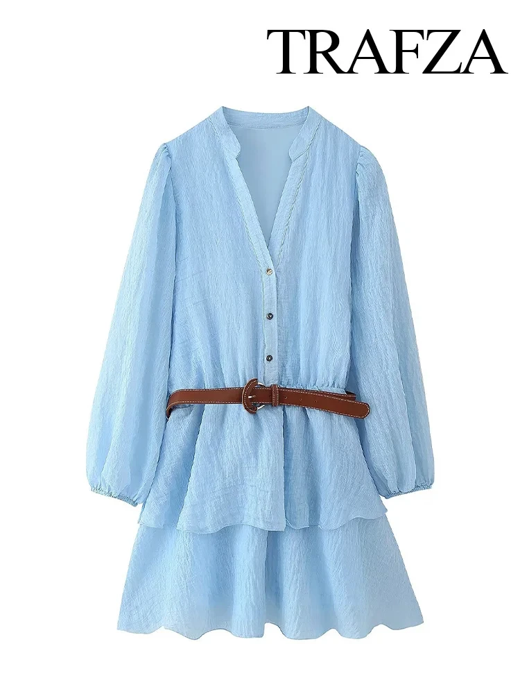 TRAFZA Women's Dress V-neck Laminated Decoration Long Sleeve Dresses Summer Female Chic Single Breasted With Belt Solid Dress