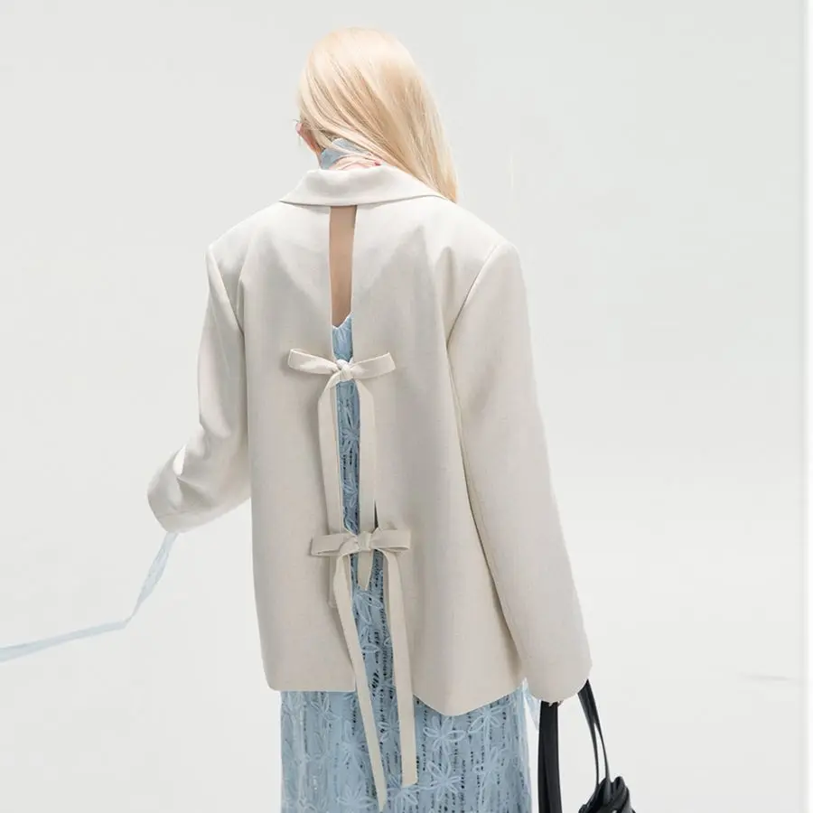 Insozkdg أوائل الربيع بدلة على الموضة الجديدة معطف المرأة بلايز الحلو عودة تعادل القوس تصميم جوفاء فضفاض سترات غير رسمية النساء الملابس