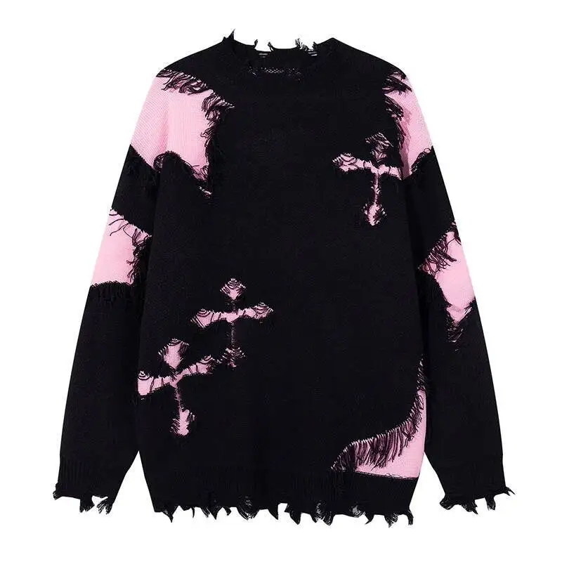 고딕 펑크 유니섹스 니트 스웨터 독특한 다용도 루즈 크루넥 니트 풀오버 디스트레스드 하이 스트리트 커플용 스웨터