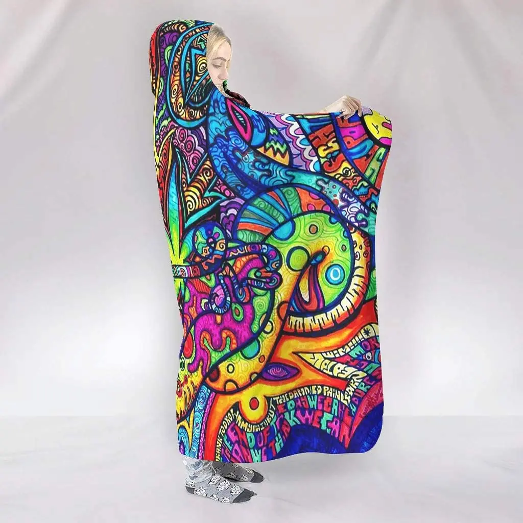 Abstract Bright Trippy Rainbow Hooded Blankets Throw Cloak Cape Abstract Ultra Soft Sherpa Fleece Hoodie Blanket for Adults Kids