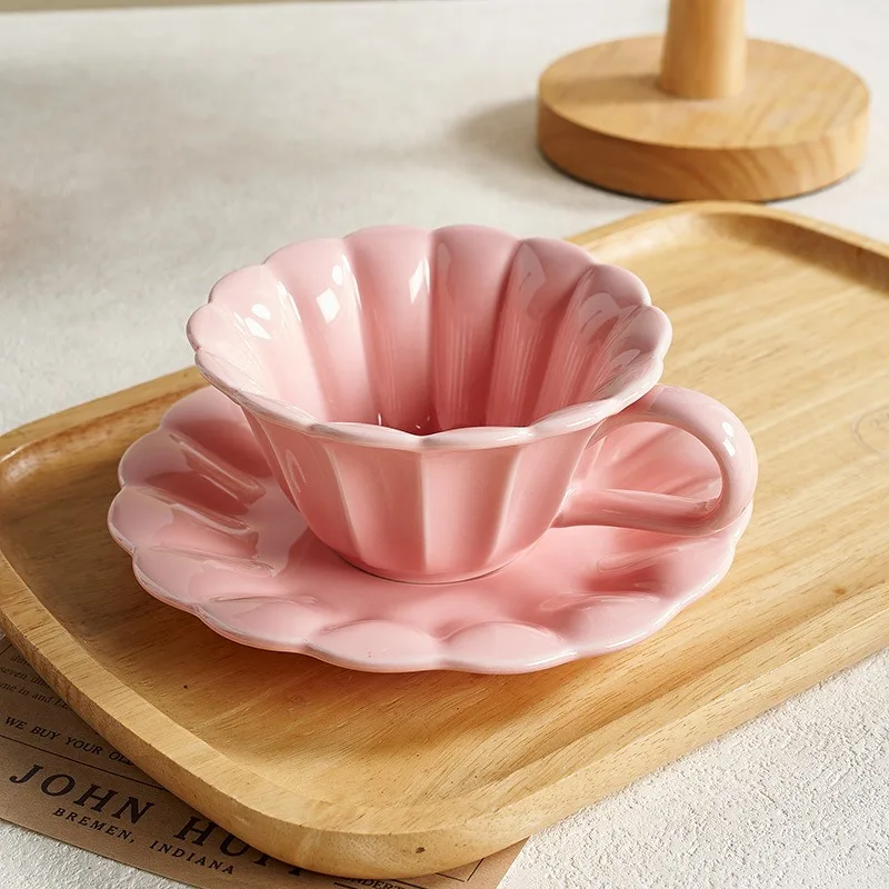 Pink Ceramic Coffee Cup and Plate Set, Gradient Color, Household Drinking Utensils, Kitchen, Living Room, Dining Table Decoratio