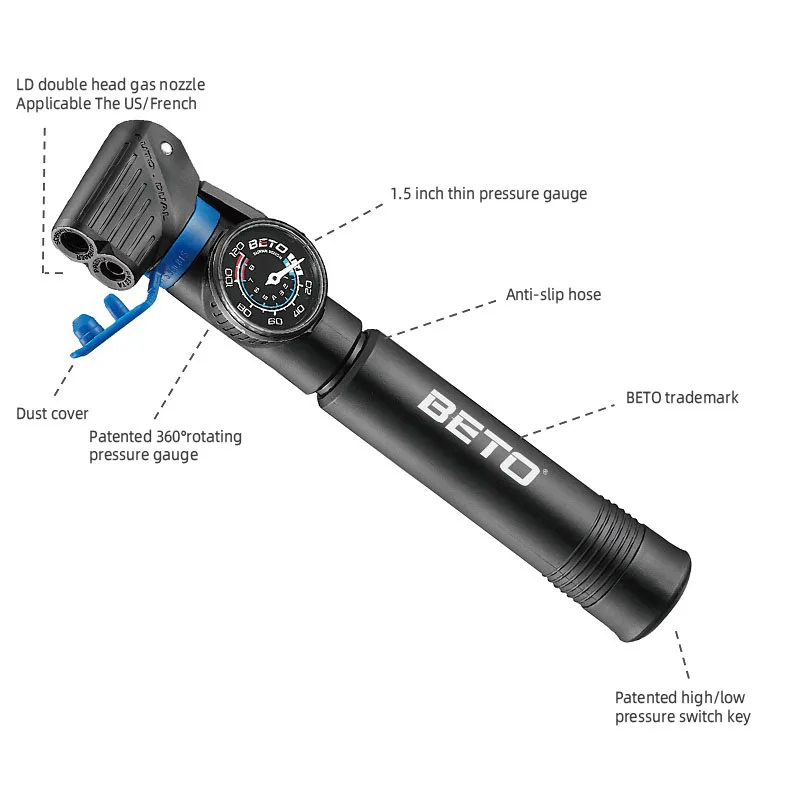 BETO Portable Bike Pump Small Super Light Cycling Riding Inflator Bicycle Repair Tool Accessories Support U.S. France Standard