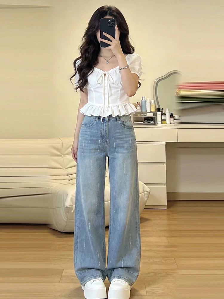 

Женские летние тонкие джинсы с высокой талией, свободного кроя, с широкими штанинами, украшенные блестящими стразами, повседневные, из денима