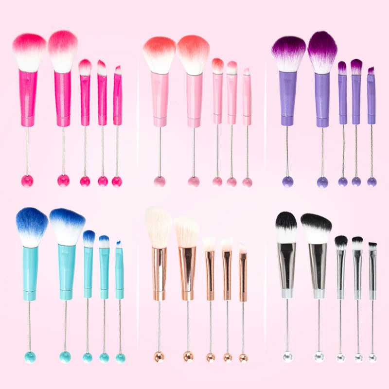 【5Pcs Beaded Eyeshadow Brush Diy Beaded Cosmetic Brush Make Up Brushes Tool Kit Metal Handle Durable Eye Makeup Brushes】