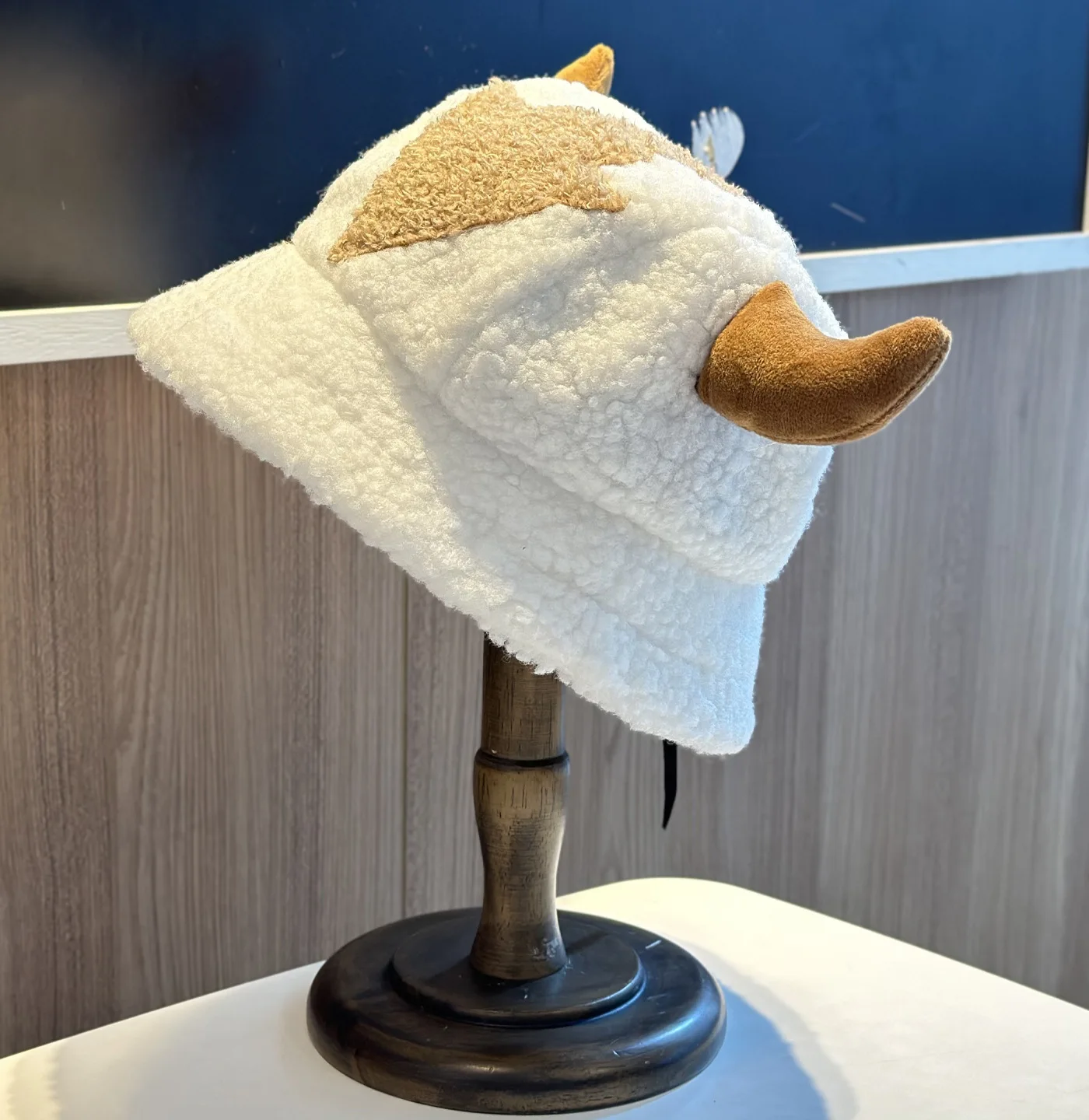 Fleece Bucket Hat with Horns Winter Lamb Wool Fisherman Cap Funny Cosplay Costume Hat for Halloween Party Daily Wear
