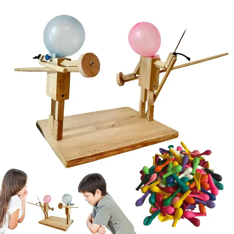 Fun Balloon Wood Man Battle Handmade Wooden Fencing Puppets Wooden Bots Battle Game Whack a Balloon Party Home Decoration