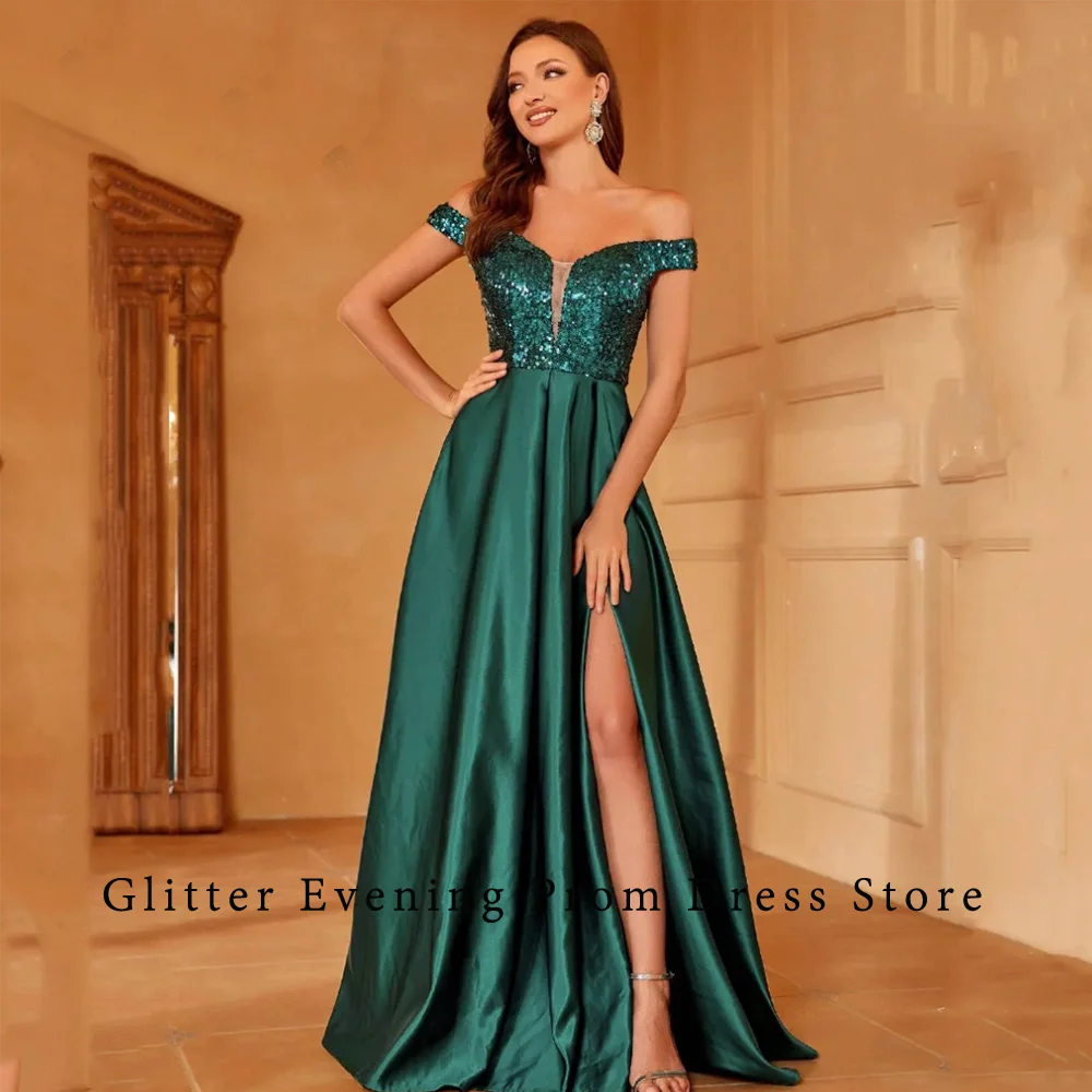 2024 Simple Sexy Prom Dresses For Women A-Line Slide Split Sequined Satin Off-Shoulder Custom Made Birthday Evening Party Grows