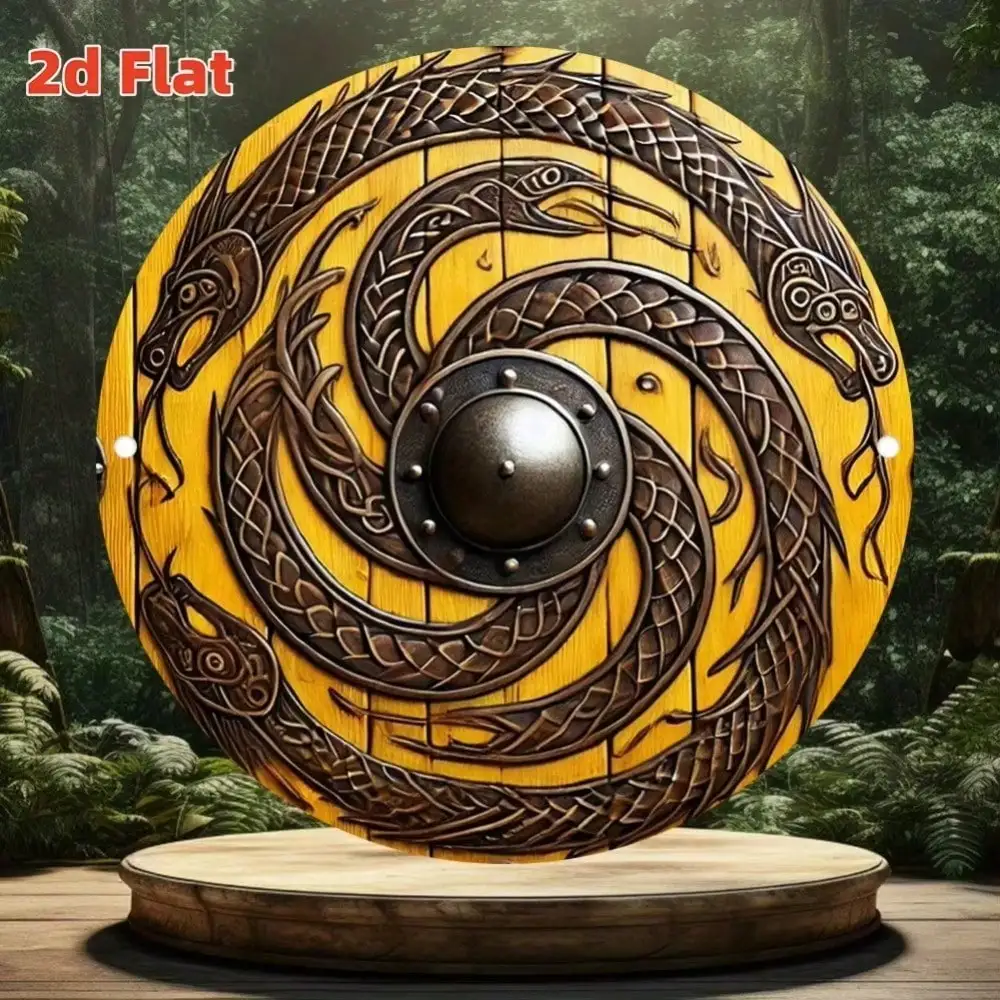 2D Flat High Definition Metal Wall Art Norse Viking Celtic Triple Snake Dragon Shield with Ancient Wood Texture Background Round