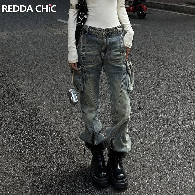 

ReddaChic Women Multi-pocket Flare Jeans Y2K Retro Washed Relaxed Fit Zipper Cuffs Low Rise Cargo Bell Bottoms Trendy Streetwear