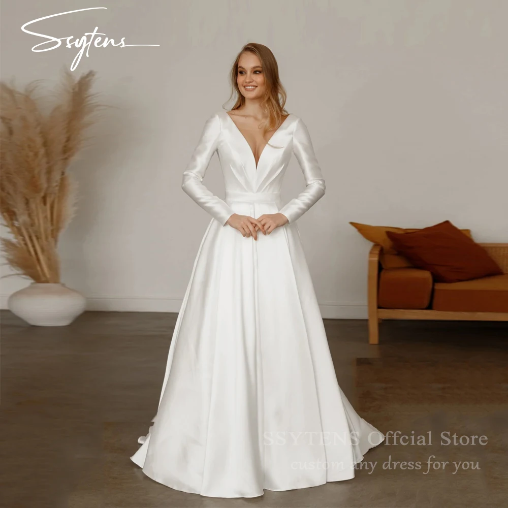 

SSYTENS Formal Wedding Dresses Women Bride Dress Backless Long Sleeves Satin Bridal Gowns Vestidos Customized Robe De Mariée