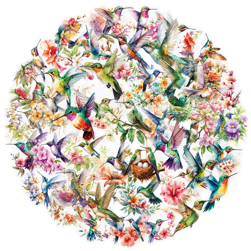 

50Pcs Watercolor Hummingbird PET Transparent Stickers – Waterproof Decals for Phone Cases Luggage iPad Decor Sticker Story Store