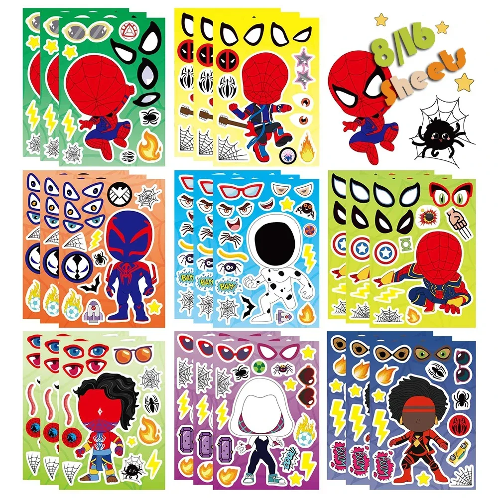 

8/16Sheets Spider-Man and His Amazing Friends Marvel Make a Face Puzzle Stickers DIY Assemble Jigsaw Kids Educational Toys Gifts