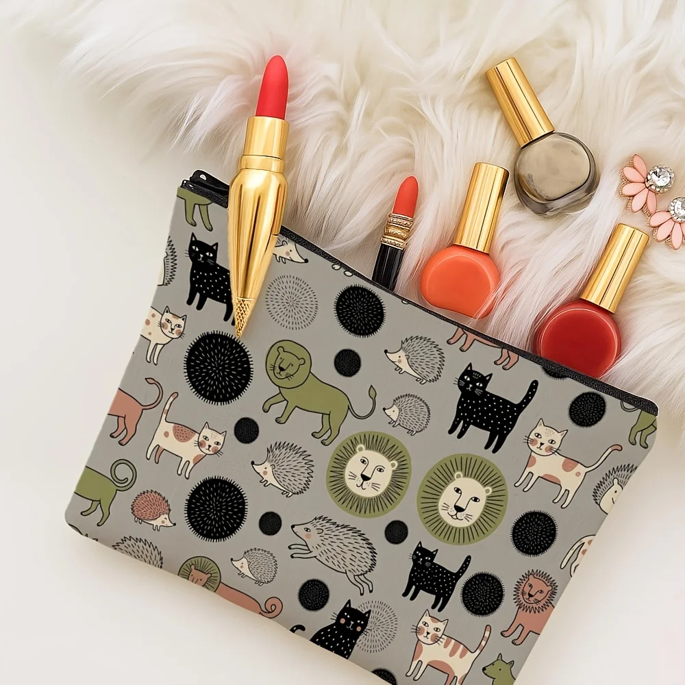 Cute Cartoon Animal Zipper Pouch Lion Cat Hedgehog Print Cosmetic Makeup Storage Bag Travel Coin Purse Gift For Animal Lovers