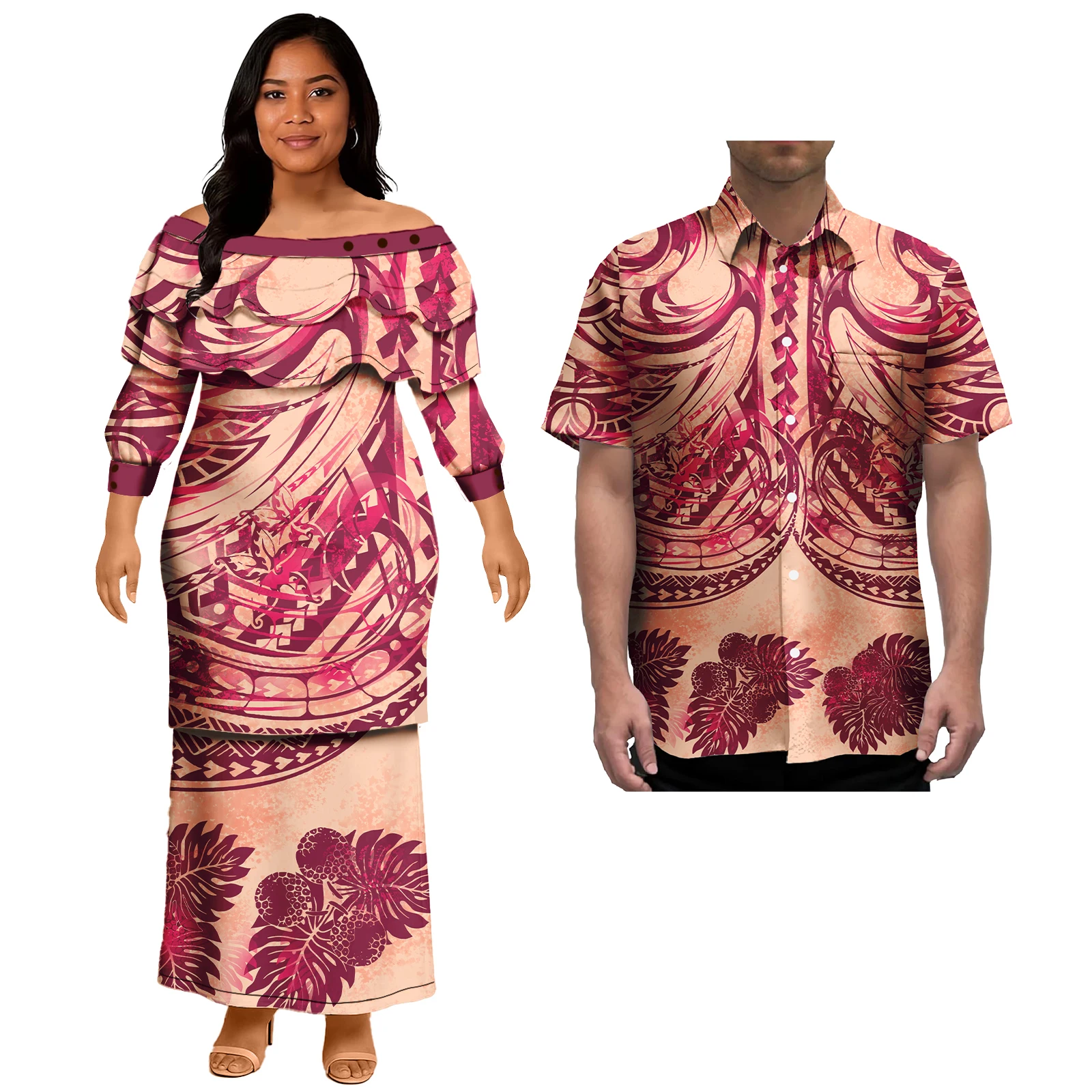 คนรักคู่คู่เสื้อผ้าชุดสักเผ่าของเขาและเธอเสื้อผ้า Polynesian ผู้หญิง Puletasi ชุดและชายเสื้อ
