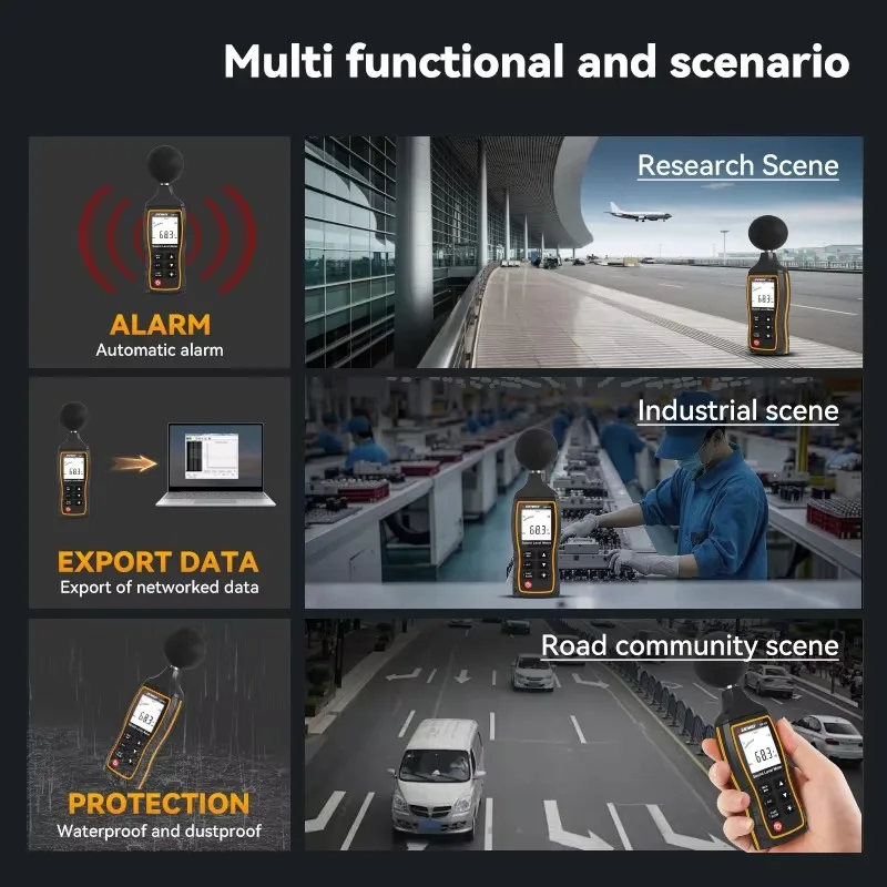 مقياس ديسيبل صناعي 30 ~ 130 ديسيبل ميكروفون مكثف بإضاءة خلفية عرض مقياس مستوى الصوت Oem
