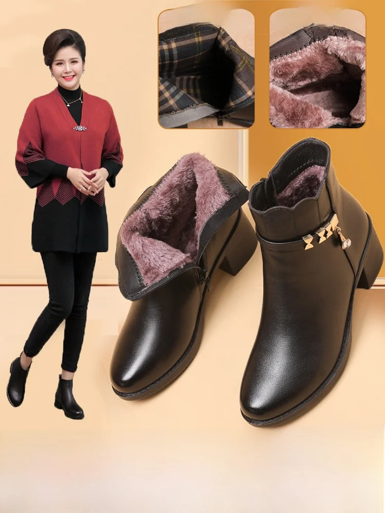 

Зимние женские модные ботинки-полусапожки на тонком каблуке с теплой флисовой подкладкой для женщин среднего возраста