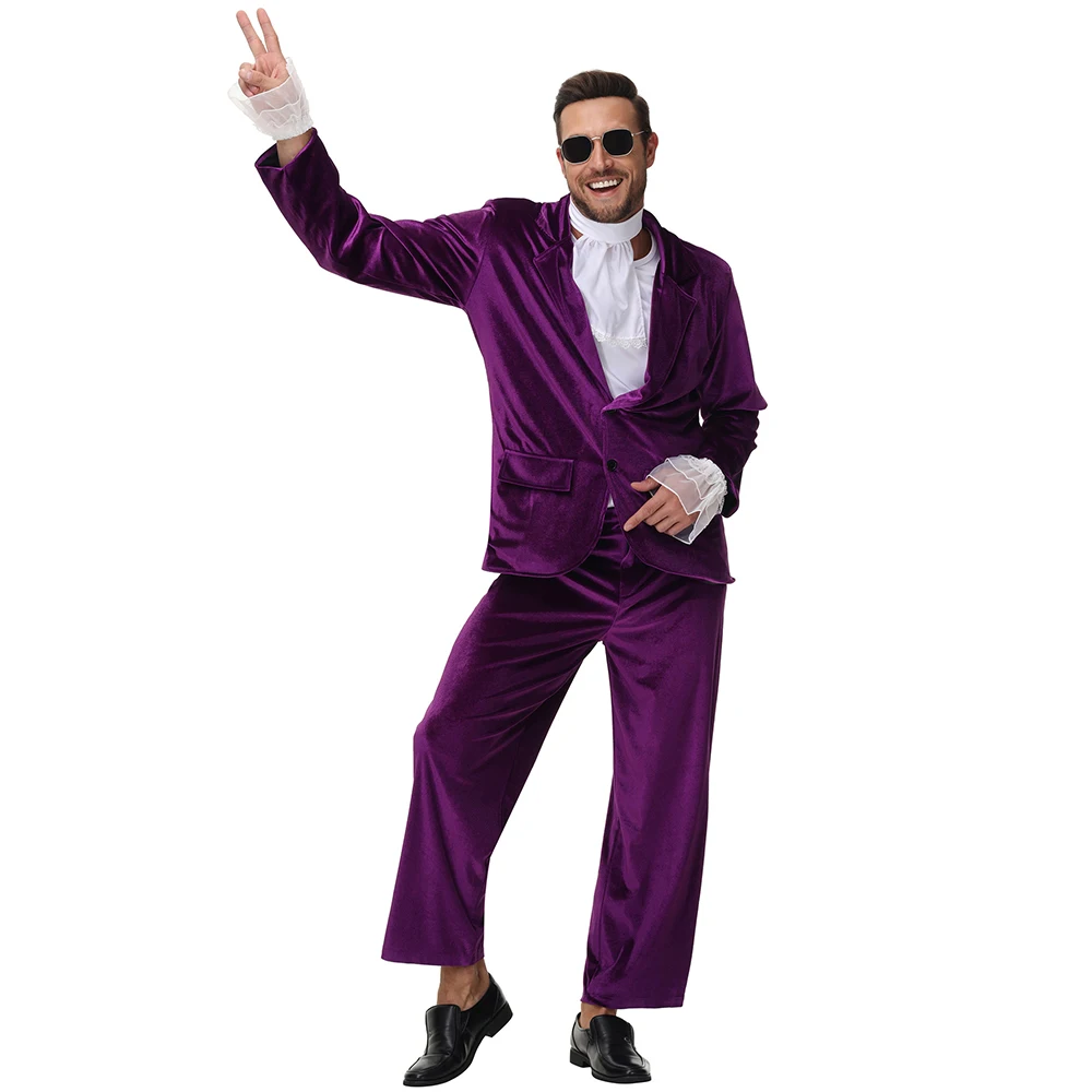 

Halloween Outfit 80s Retro Style M-XL Size Modern Dancewear Special Purpose Clothing Disco Purple Suit for Men Stage Costume