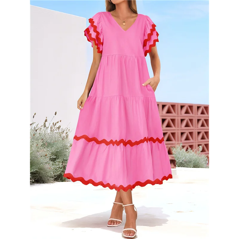 ABP-Mulheres 2025 verão casual midi vestidos com decote em v flutter manga curta plissado em camadas uma linha flowy praia vestido longo