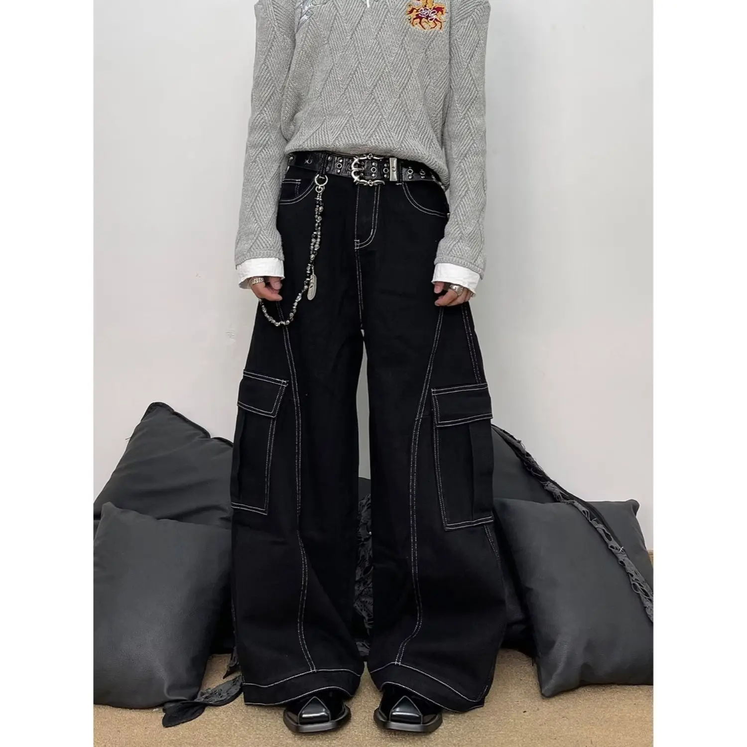 Men's Bright Line Decoration Vintage High Waist Denim Pants Cool Boy Streetwear Jeans Fashion Bottoms Retro Male Y2k Trousers