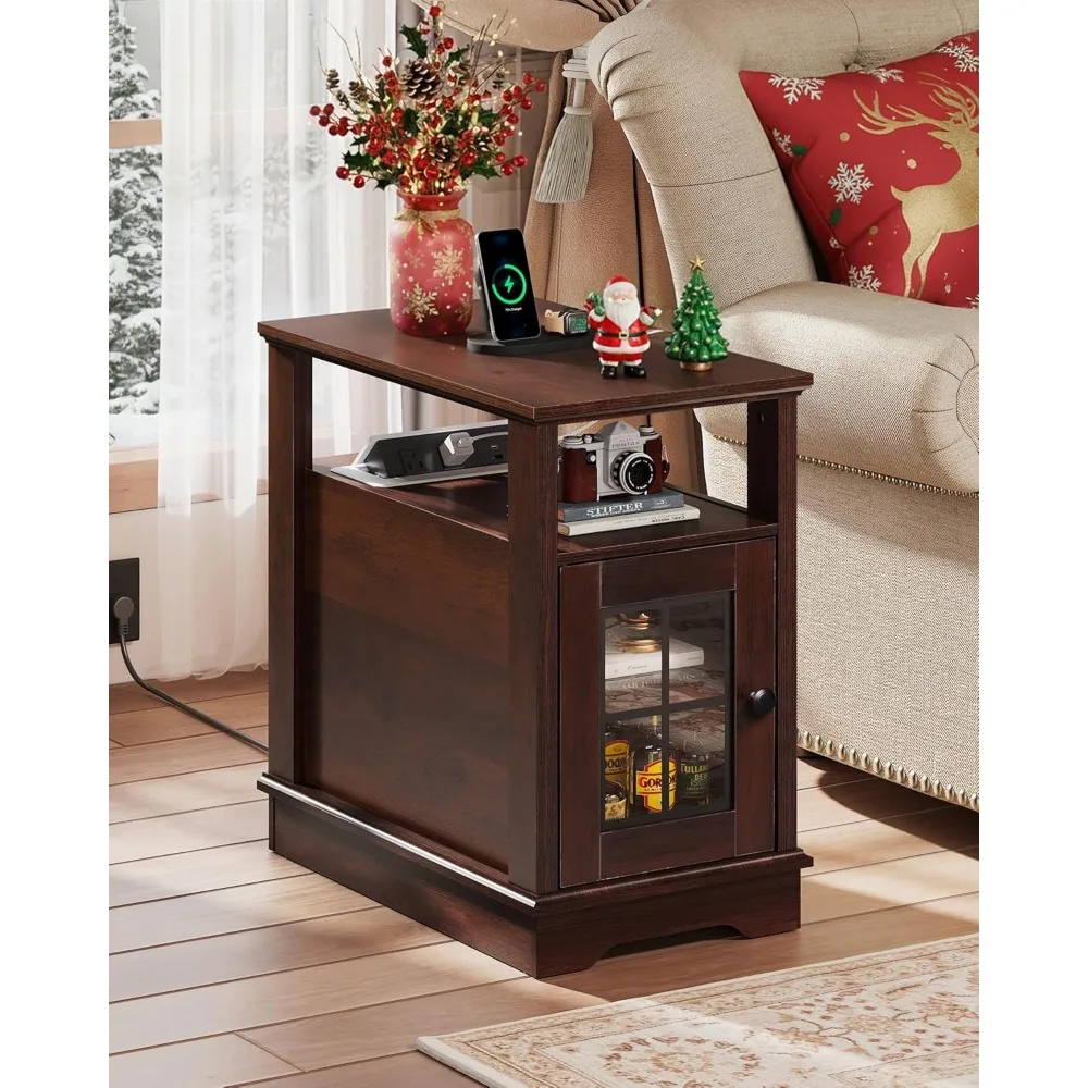

Farmhouse-style Side Table with Built-in Charging Station, Small Bedside Table with USB Port, Customized
