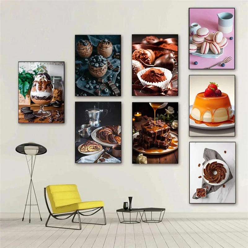 Delicious Chocolate Cake Macaron Banana Pie Pudding Bread Poster Canvas Paintings Wall Art Pictures Dining Room Home Decor