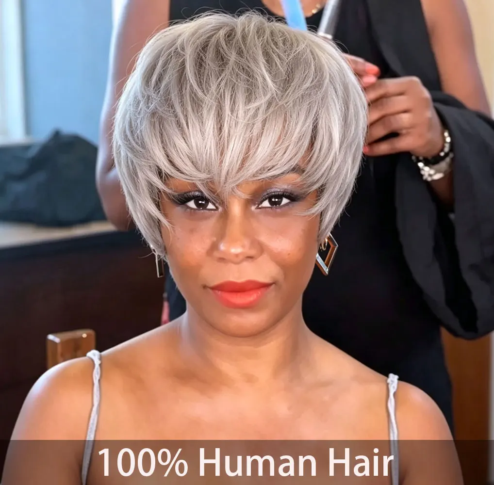 前髪付きショートピクシーウィッグ、自然なグレーヘアを使用、密度180-、完全機械製造で日常使いやカジュアルなデートに最適