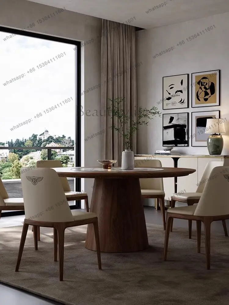 Nordic solid wood round dining table minimalist retro high-end sense embedded cold jadeite natural luxury stone with turntable