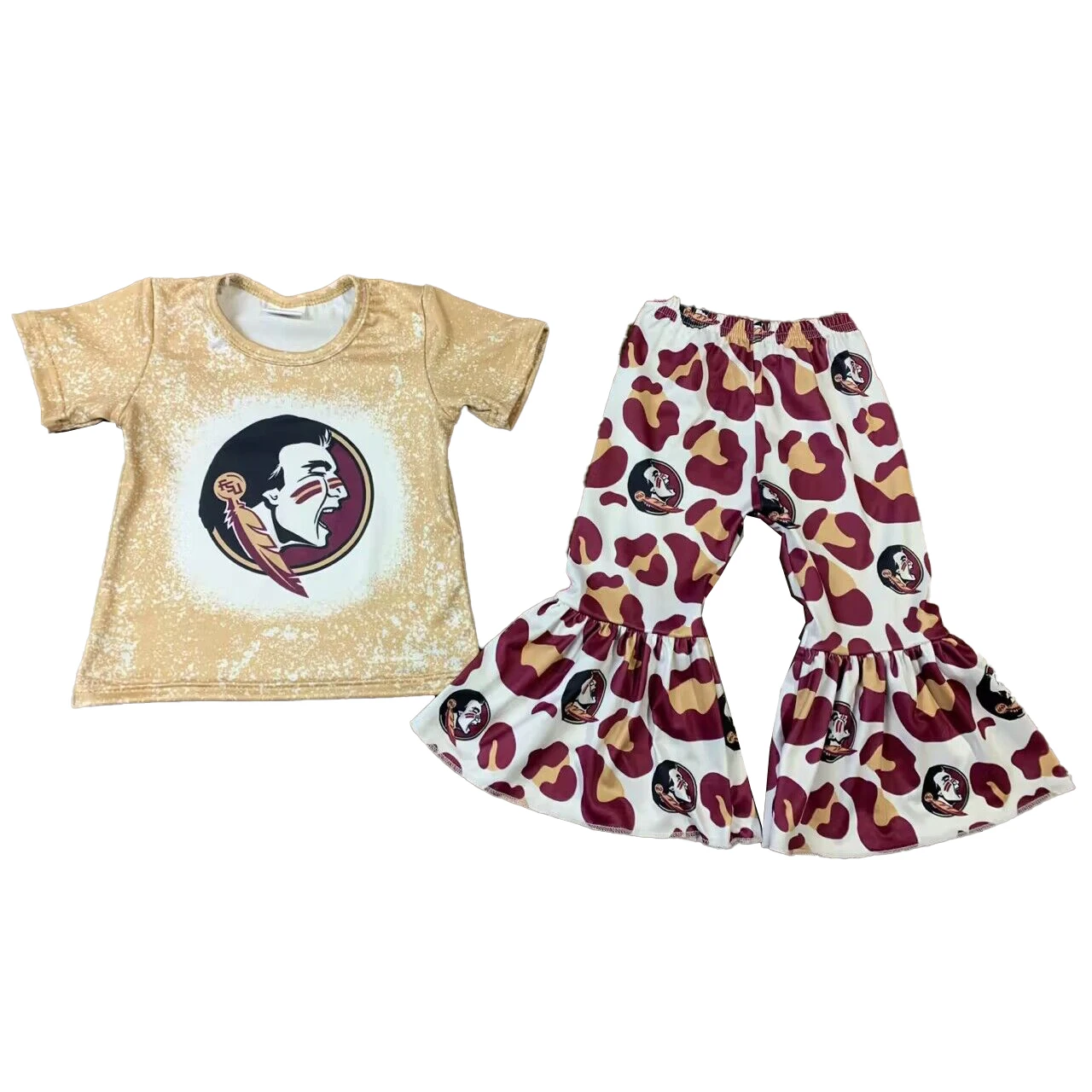 

Wholesale Children's School Team Outfits Short Sleeves Leopard Print Bell Bottom Pants Sets