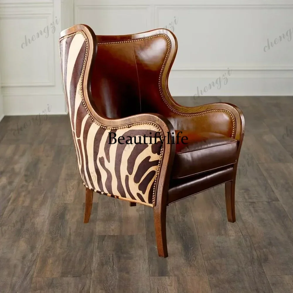 132 American retro zebra print velvet with genuine leather high back single sofa chair with rivets and solid wood leisure chair