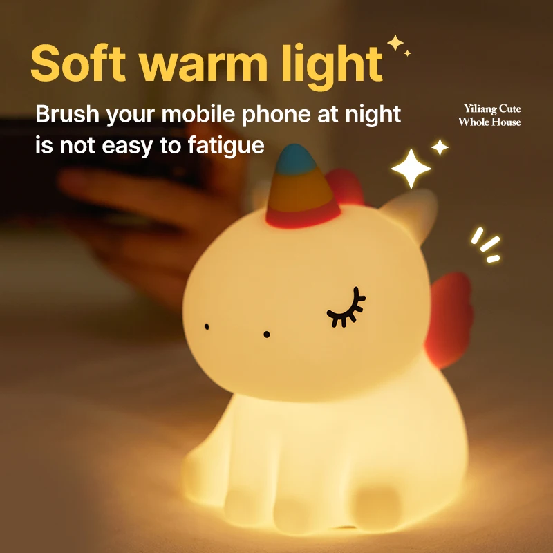 1pc Unicorn Cute Silicone LED Night Light For Boys Girls USB Rechargeable Cartoon Animal Bedroom Decoration Touch Night Lamp