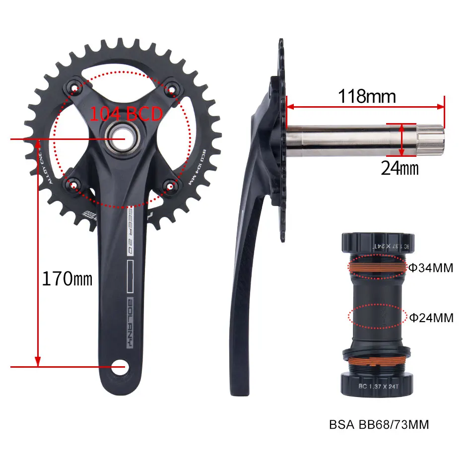 Bolany104BCD Chain Wheel Crankset  Mountain Bike Hollow One-Piece Narrow Wide Tooth Plate 34T/36T Bicycle Accessories