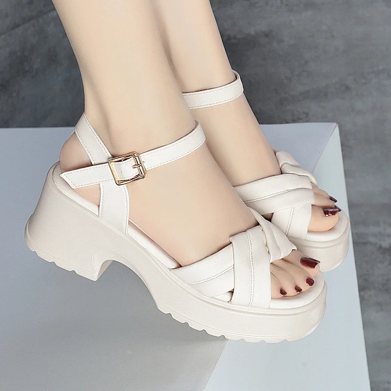 5 سنتيمتر كل مباراة مريحة سميكة القاع ميد كتلة الكعوب أحذية صنادل أرضية 2025 الصيف المرأة الصنادل الجلدية مكتب الفتيات #2